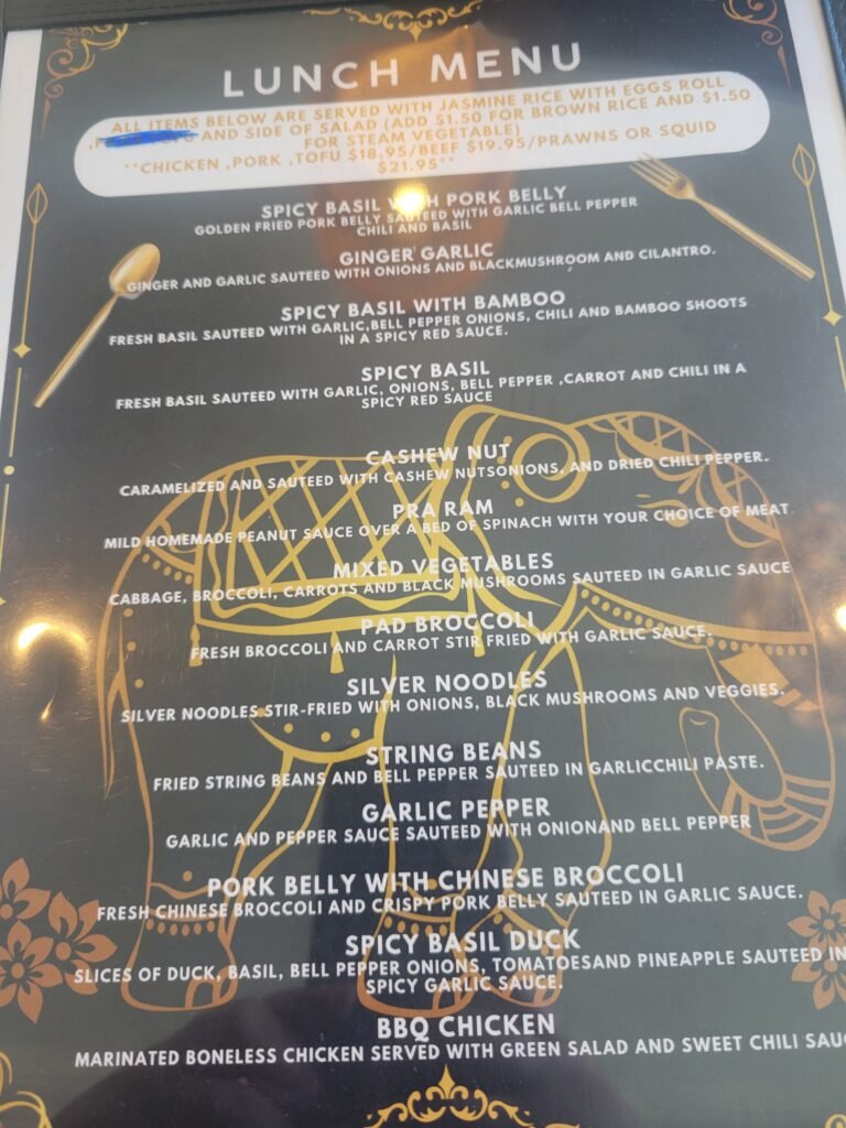 Lunch Menu for White Elephant