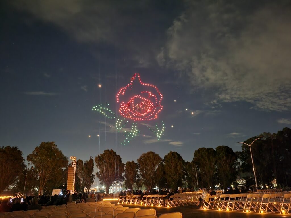 Drone Art Show featuring a rose located at the Cow Palace in San Francisco, CA